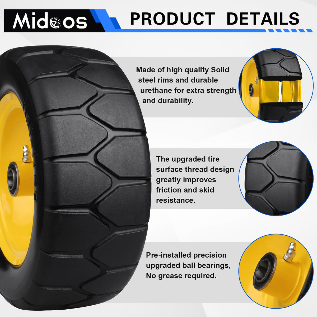 Midcos lawn mower wheel with steel rim for lasting durability.