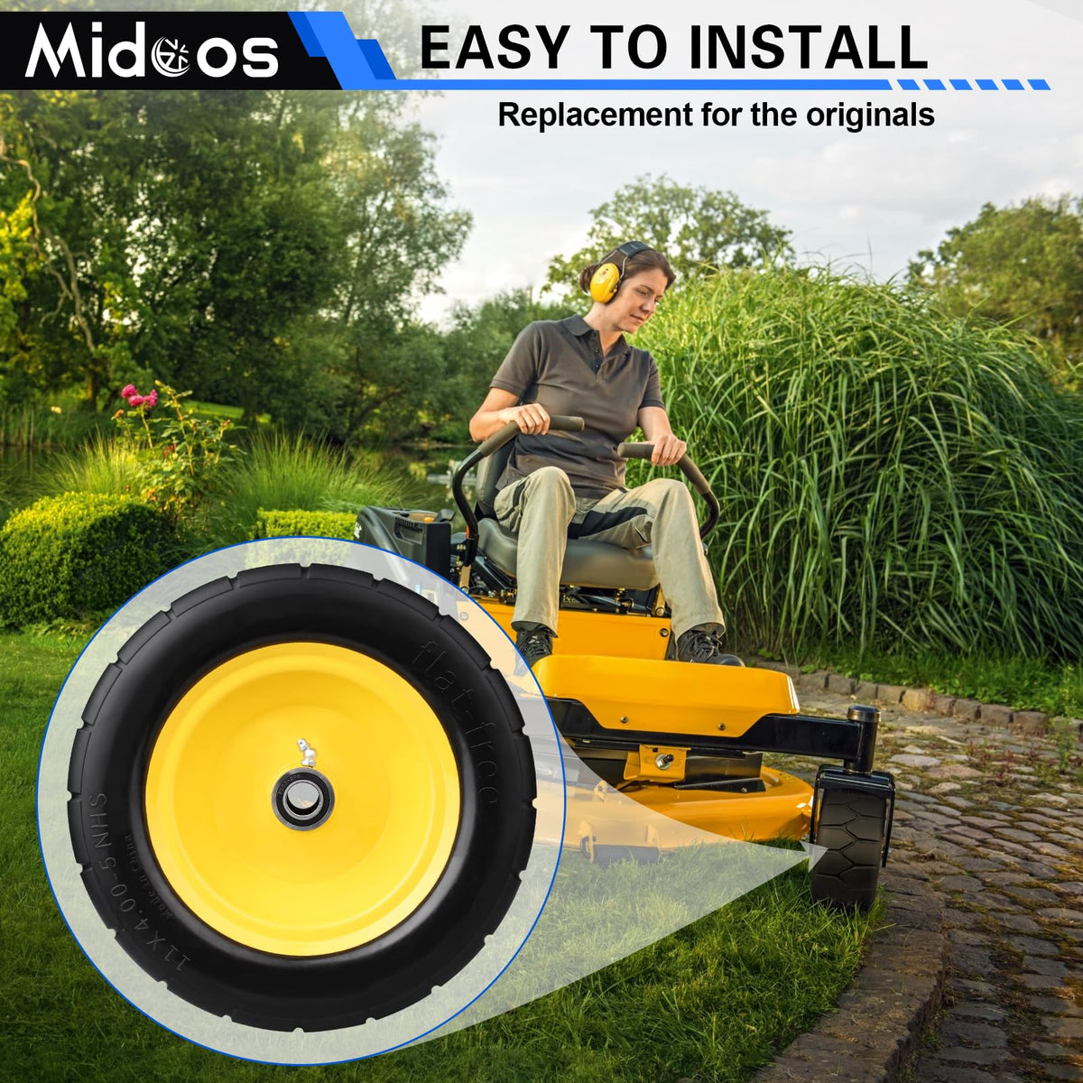 Midcos quick-install flat-free tires save maintenance time during mowing.
