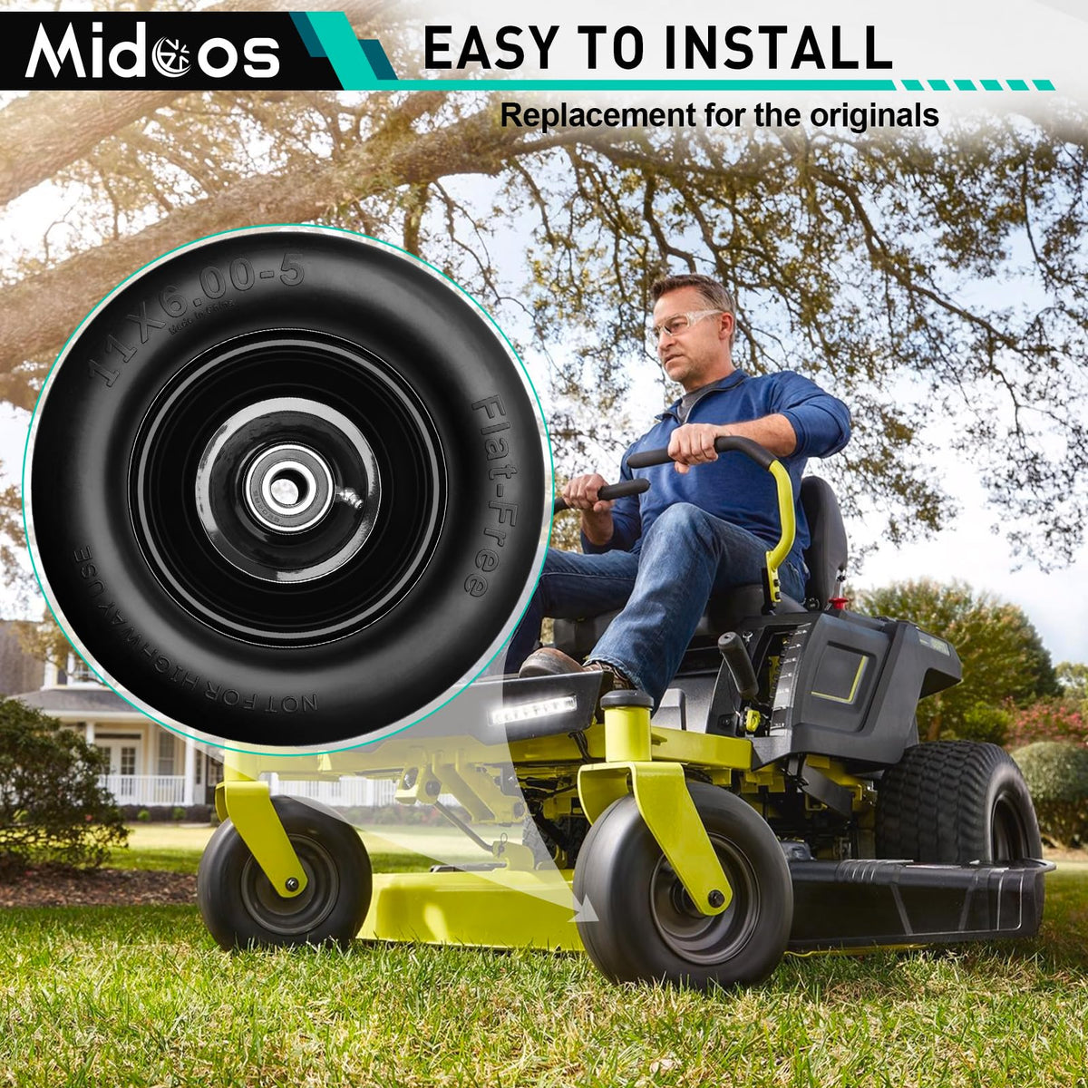 Midcos solid tire design highlighting no air checks needed.