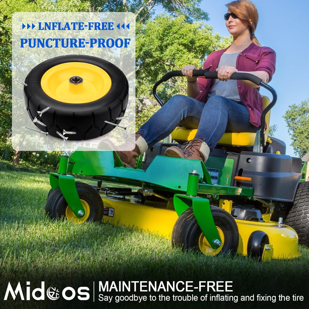 Midcos steel rim with PU tire delivers rugged durability and grip.