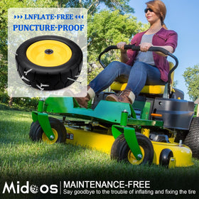 Midcos steel rim with PU tire delivers rugged durability and grip.