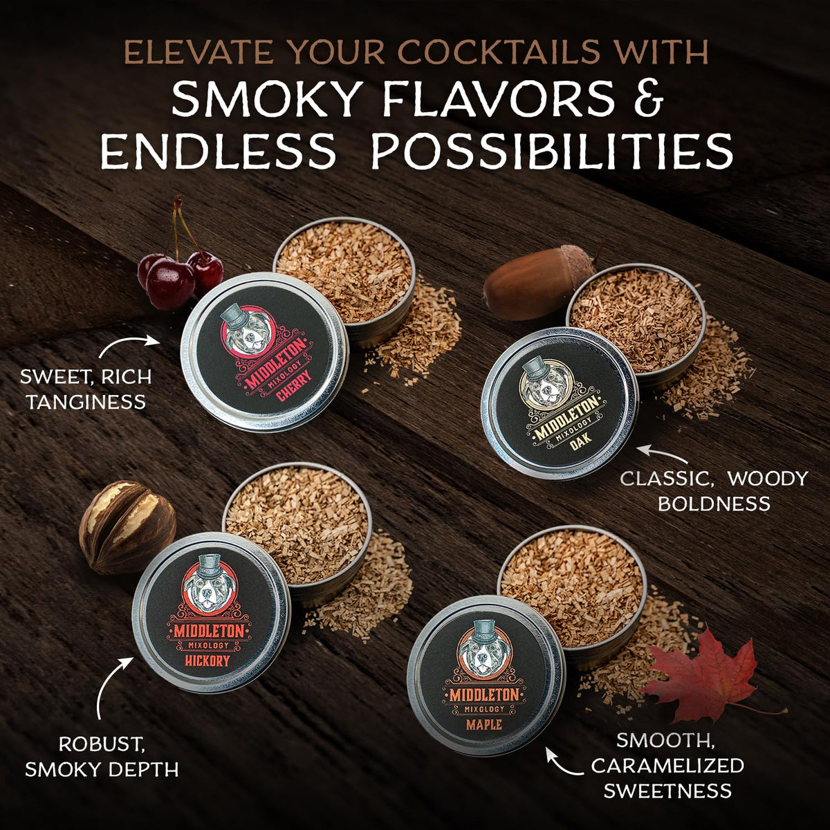 Middleton Mixology SmokeTop oak chips deliver smooth woody smoke for bourbon.