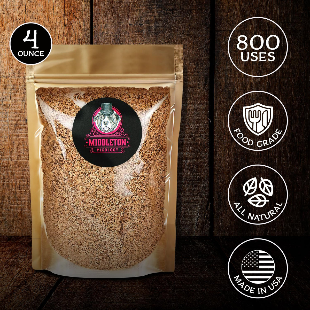 Middleton Mixology SmokeTop Apple chips label showcasing USA-made craftsmanship for home bartenders