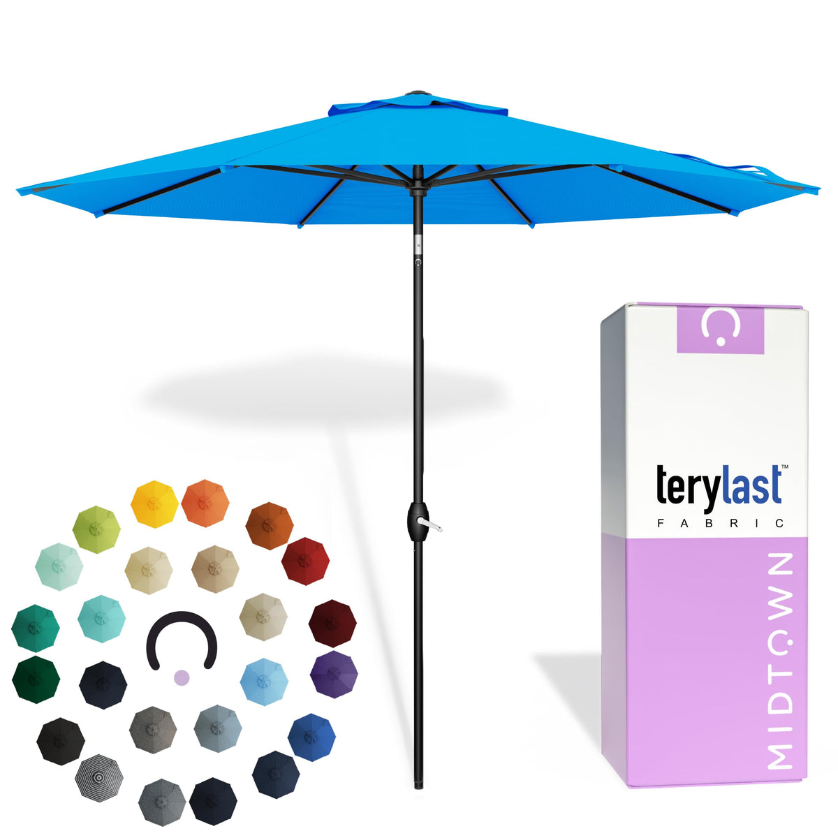 Midtown Umbrellas cobalt blue canopy provides vibrant UV-protected shade