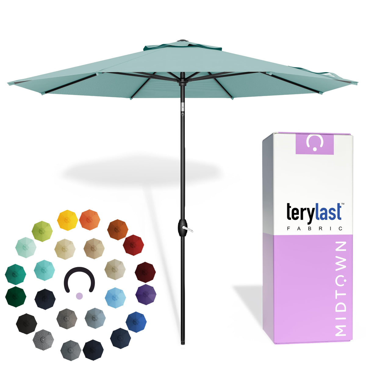 Midtown Umbrellas aqua canopy close-up highlighting fade-resistant Terylast fabric for outdoor color.