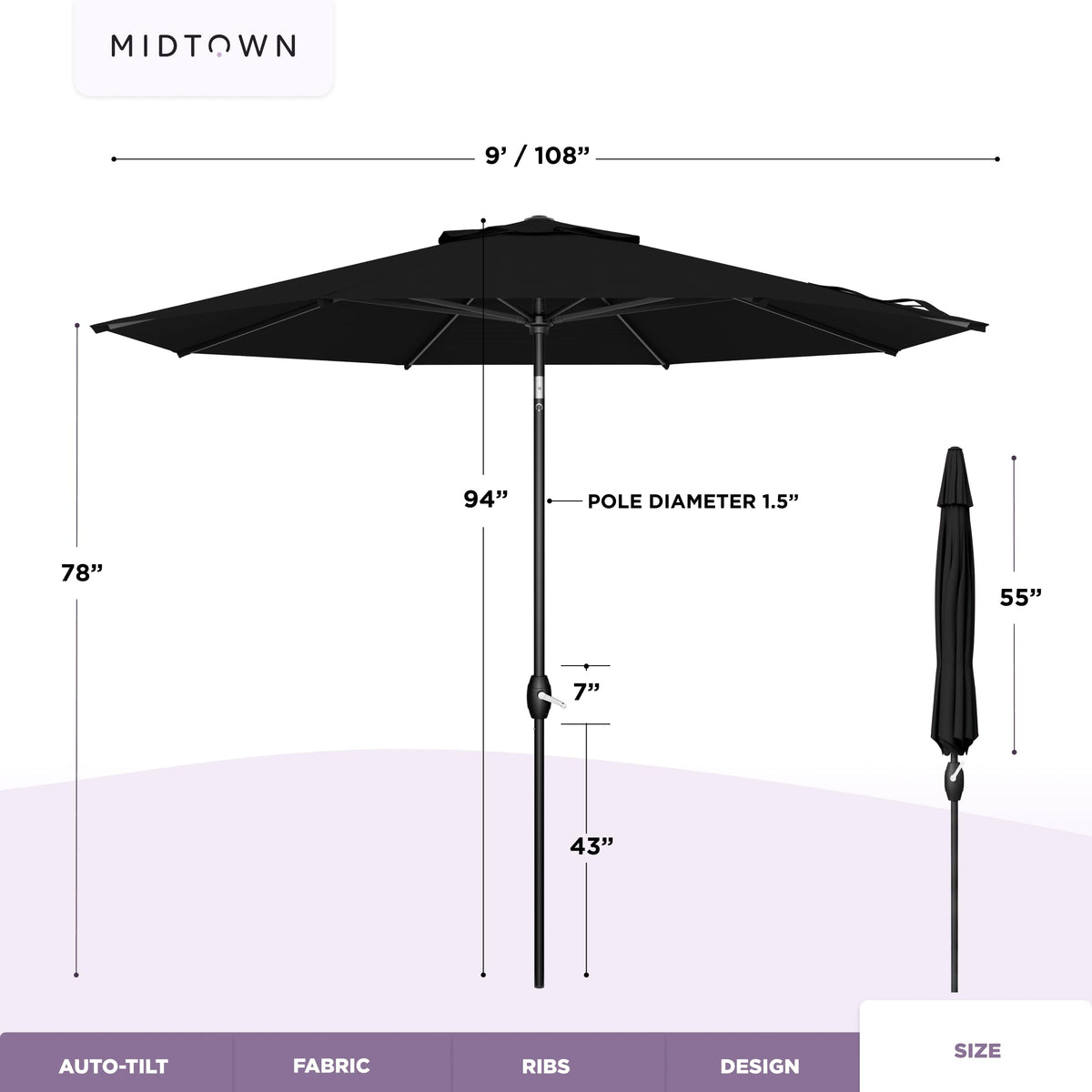 Midtown Umbrellas black pole-and-base connection emphasizes durable mounting.