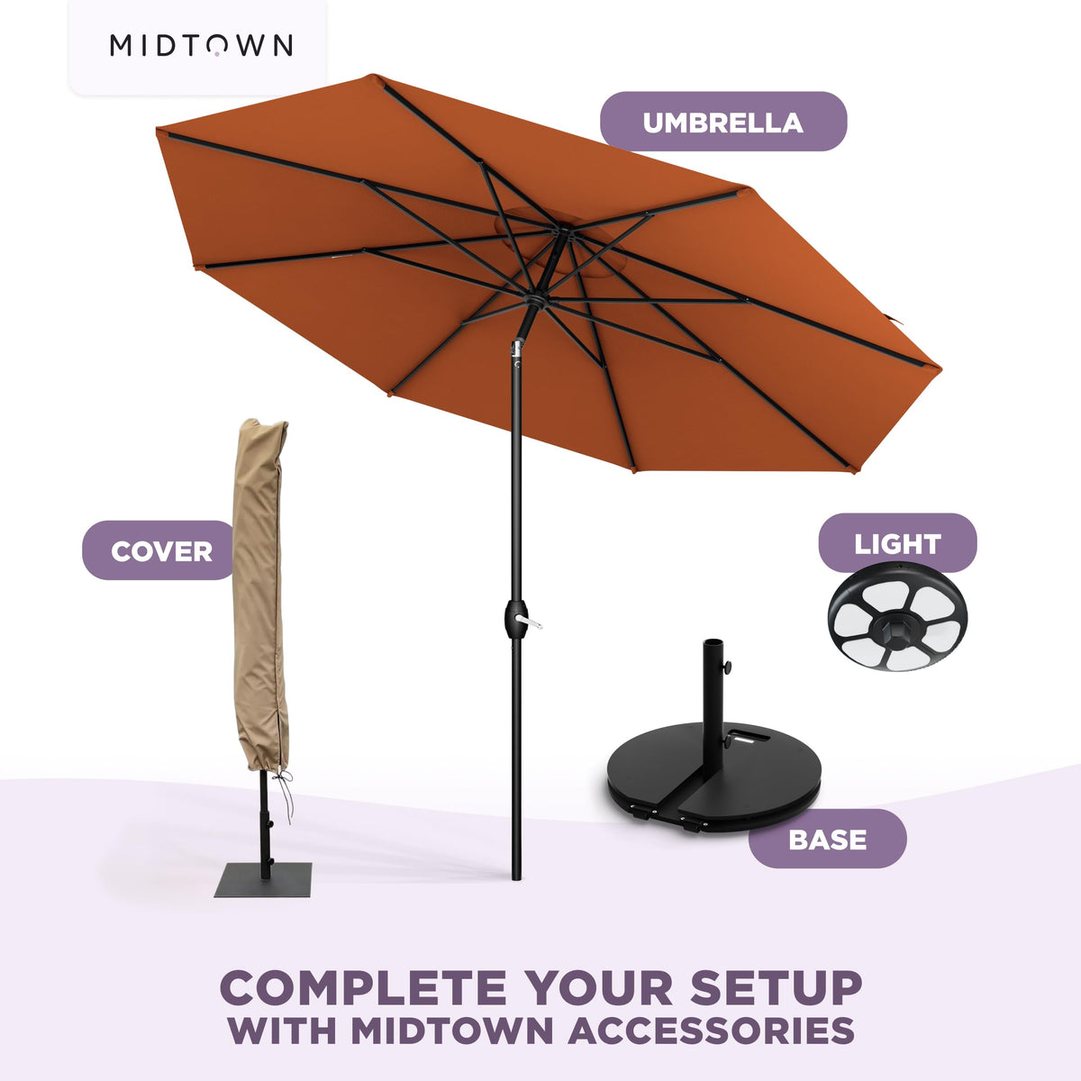 Midtown Umbrellas black pole with dark orange canopy for bold style