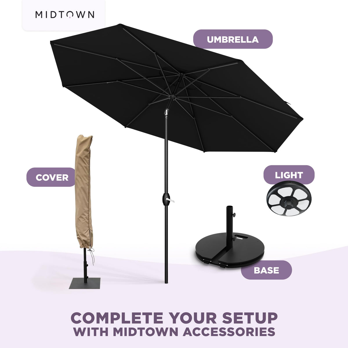 Midtown Umbrellas deck-to-pool versatility for garden use.