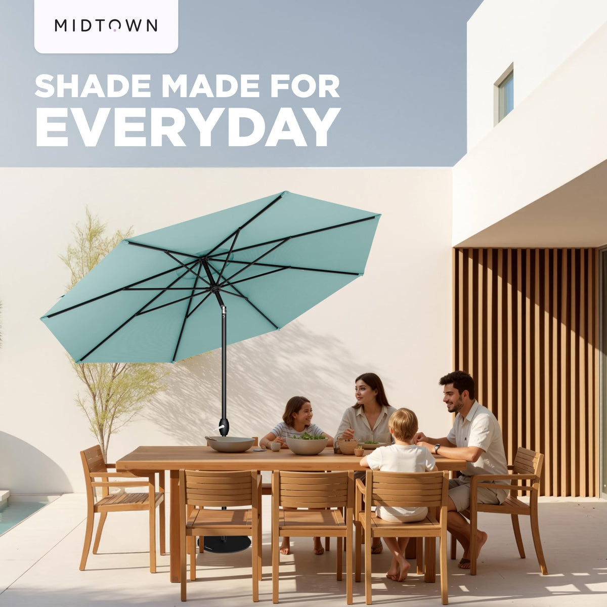 Midtown Umbrellas deck and poolside use with durable aluminum frame.