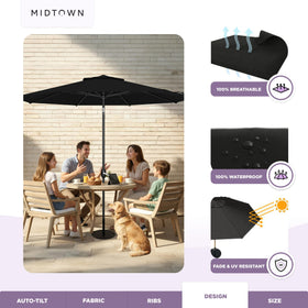 Midtown Umbrellas Ebony-black canopy conveys sleek, modern outdoor styling.