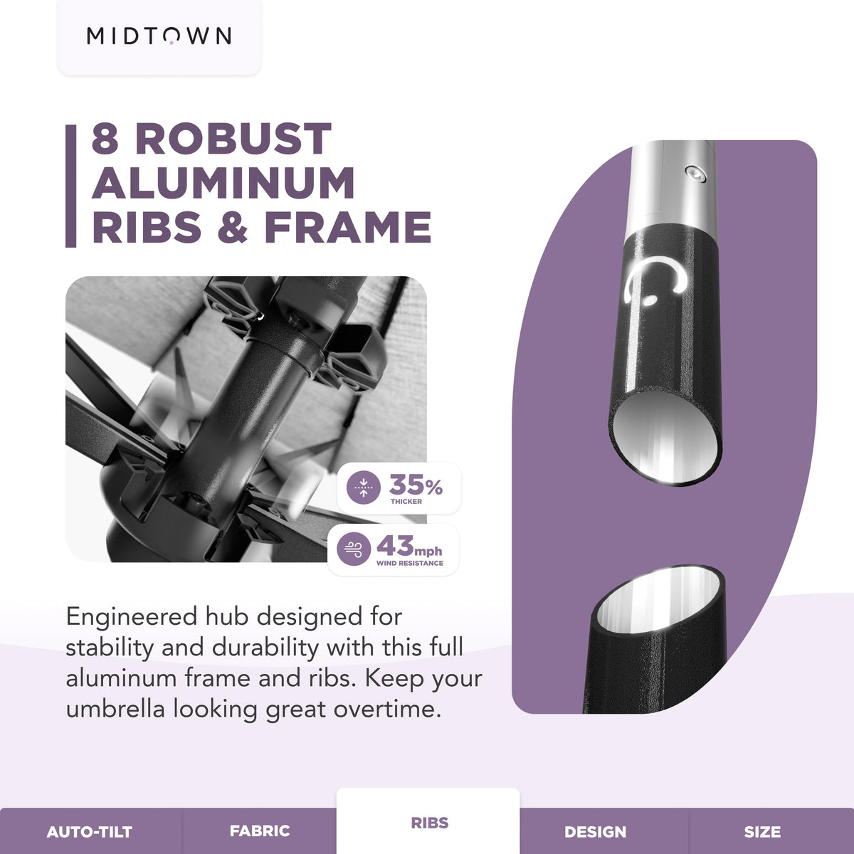 Midtown Umbrellas rustproof aluminum pole ensures lasting stability