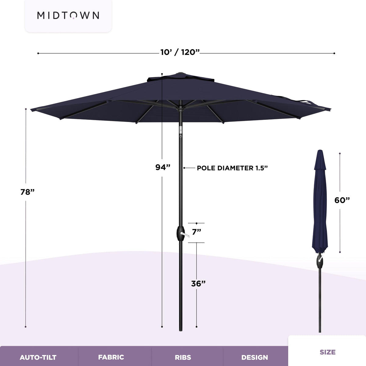 Outdoor dining scene under Midtown Umbrellas Lean Patio Umbrella navy canopy.