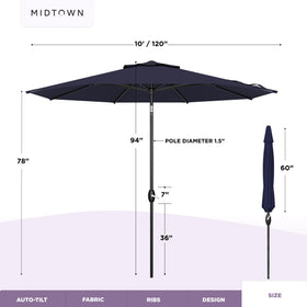 Outdoor dining scene under Midtown Umbrellas Lean Patio Umbrella navy canopy.