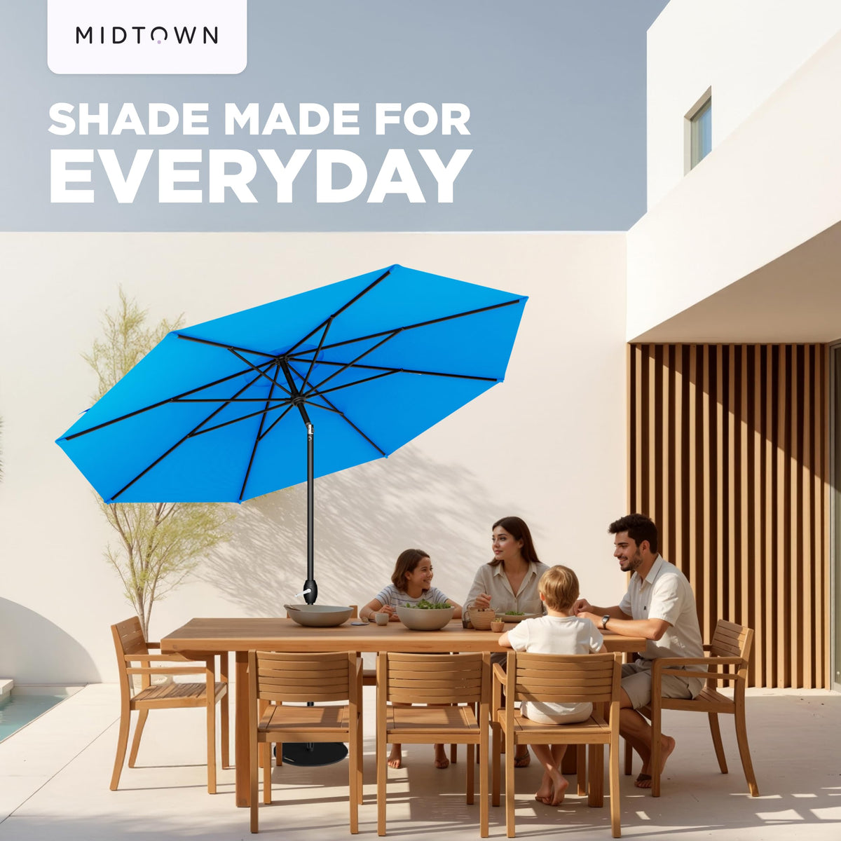 Midtown Umbrellas 9-foot canopy seats 6-8 comfortably