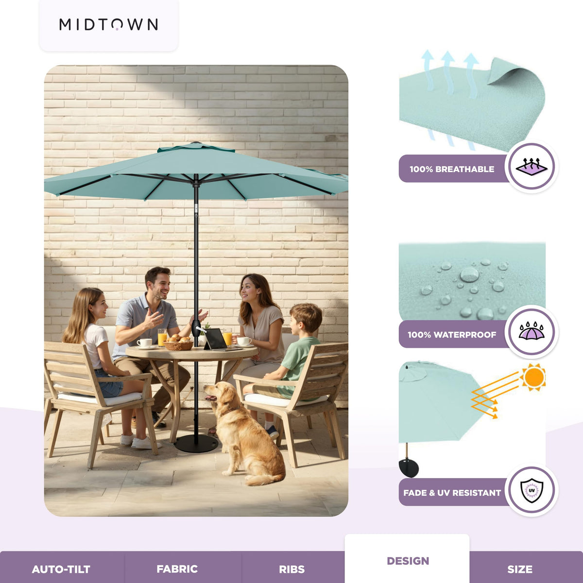 Midtown Umbrellas UV-resistant Terylast fabric keeps color vibrant outdoors.