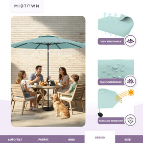 Midtown Umbrellas UV-resistant Terylast fabric keeps color vibrant outdoors.
