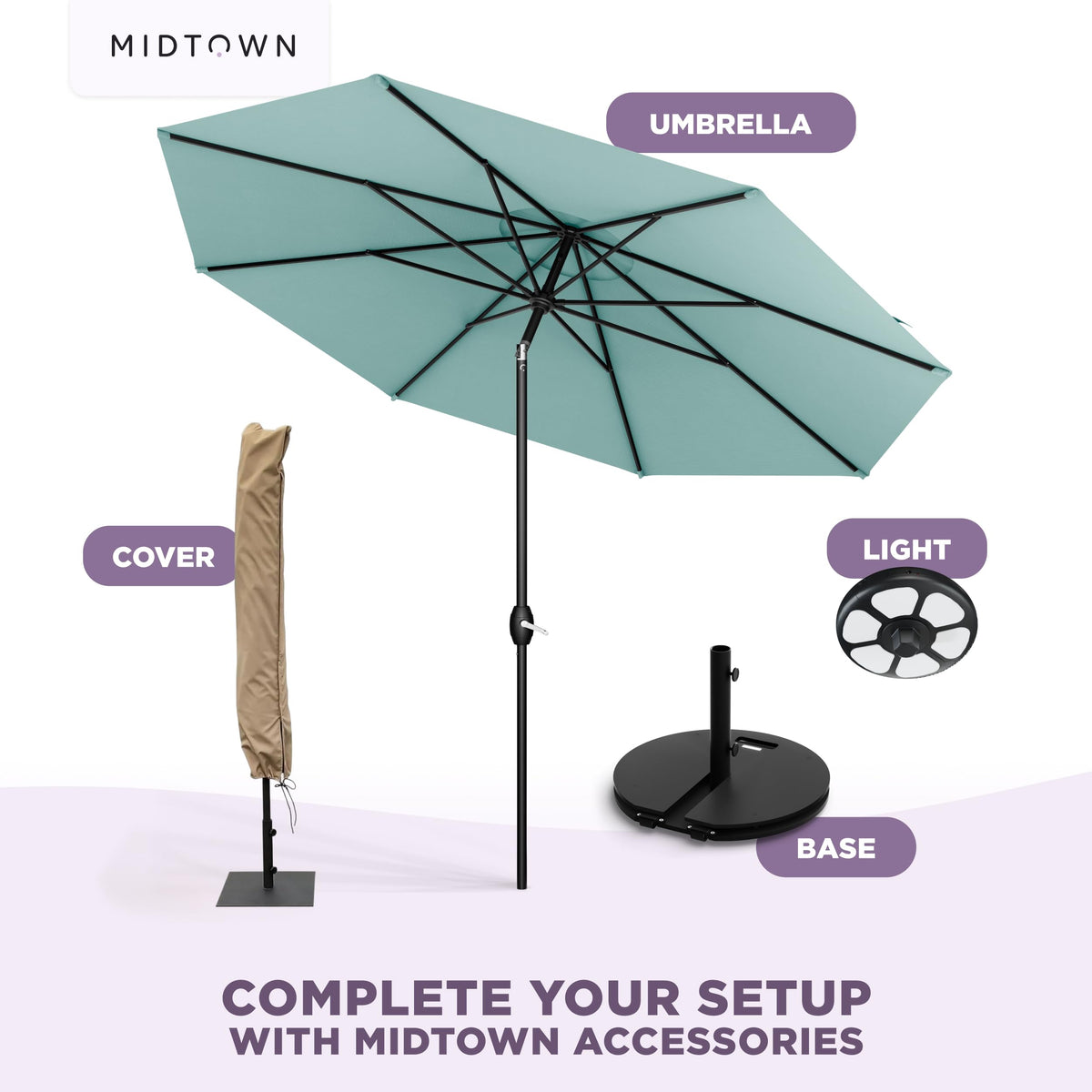 Midtown Umbrellas wind stability features and sturdy construction for outdoor use.