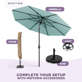 Midtown Umbrellas wind stability features and sturdy construction for outdoor use.