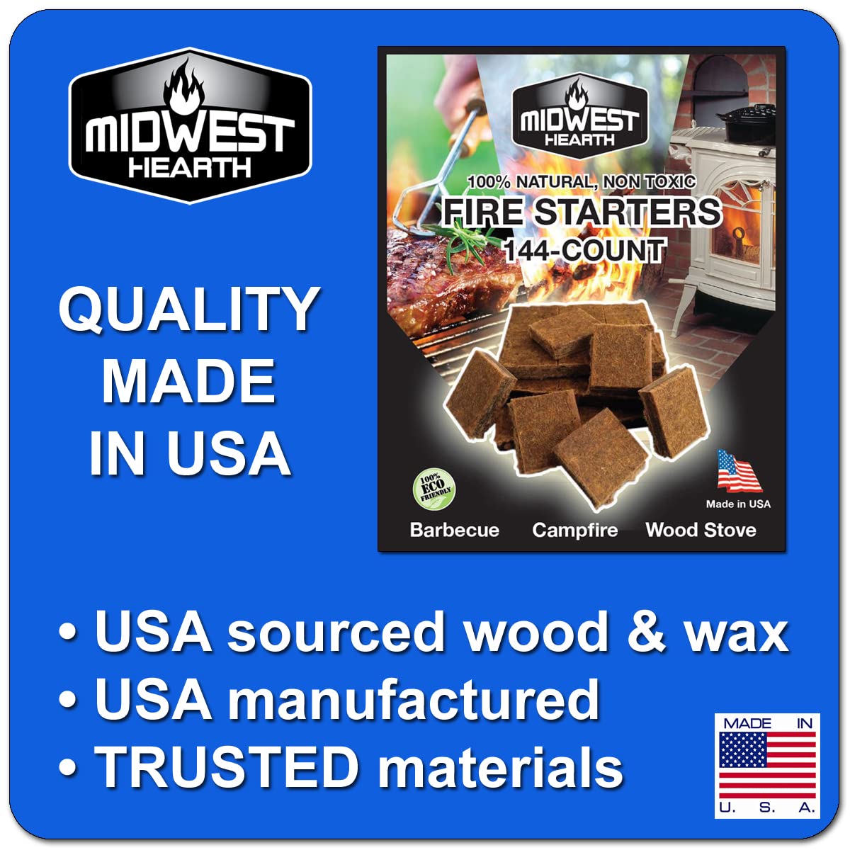 Midwest Hearth Fire Starter Squares perform even when wet for reliable lights.