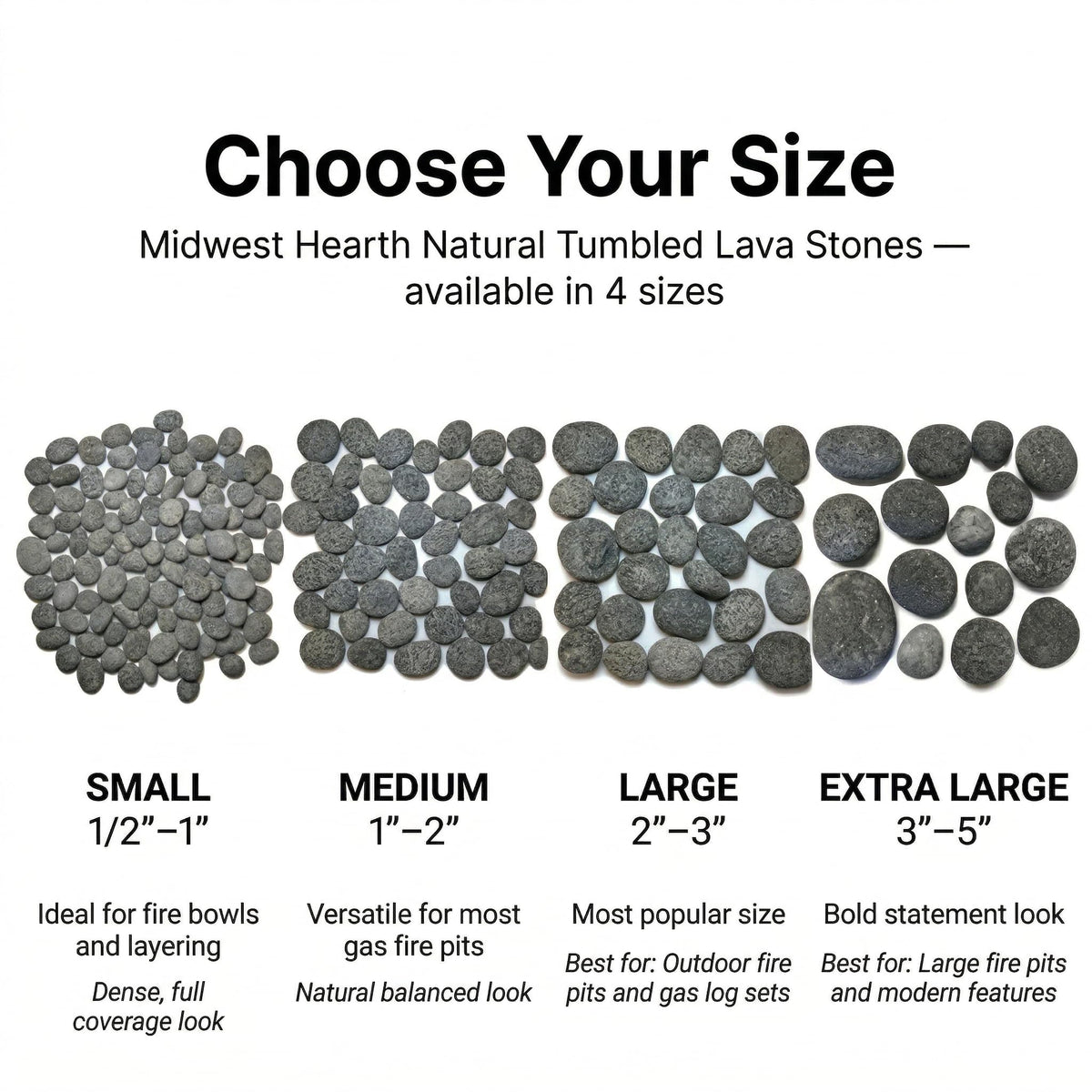 Midwest Hearth heat-resistant volcanic stones endure high heat while keeping a clean, modern look.