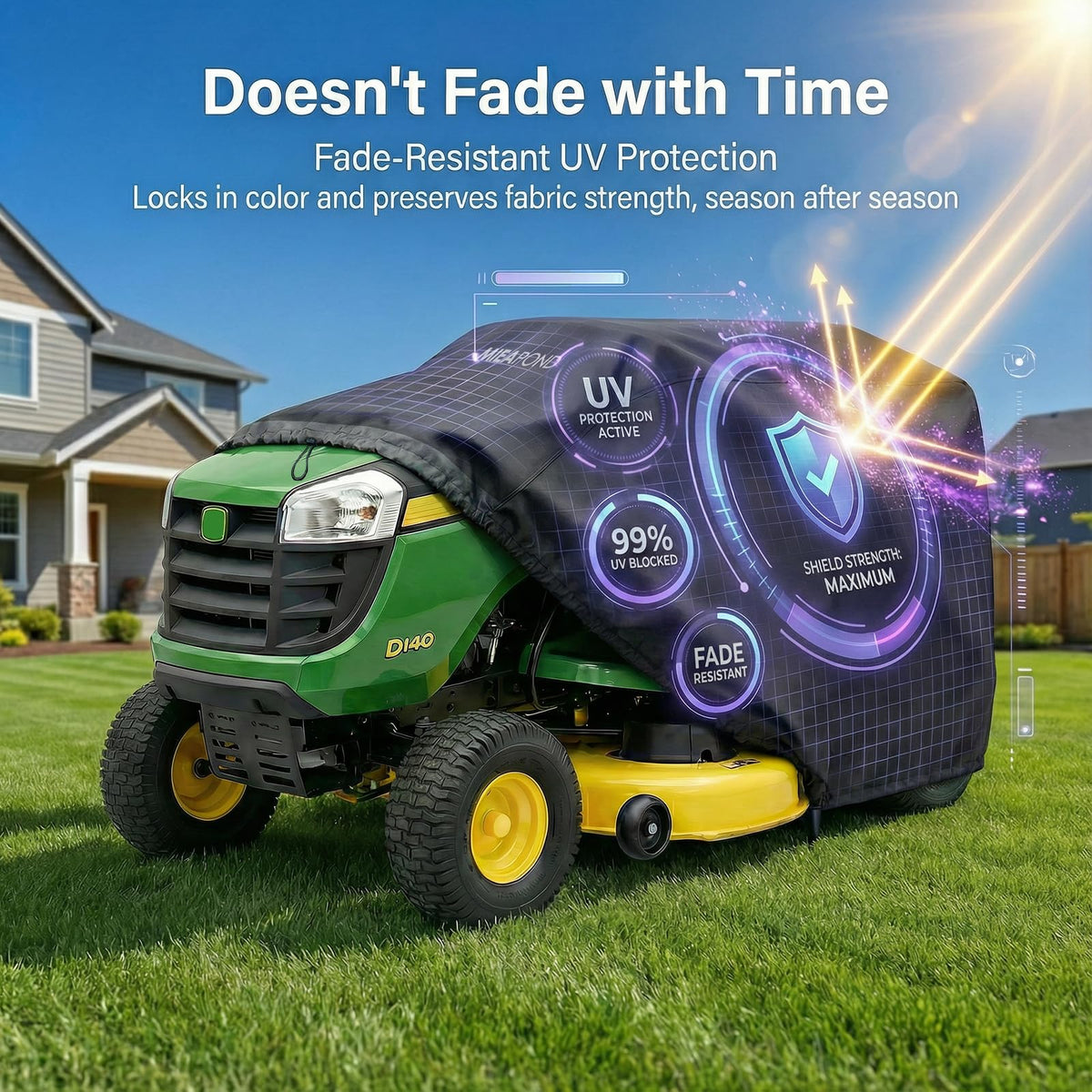 MIEAPOND riding lawn mower cover all-weather protection during heavy rain.