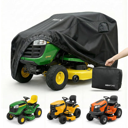 MIEAPOND riding lawn mower cover front view protects John Deere 100-X300 Series from sun and rain.