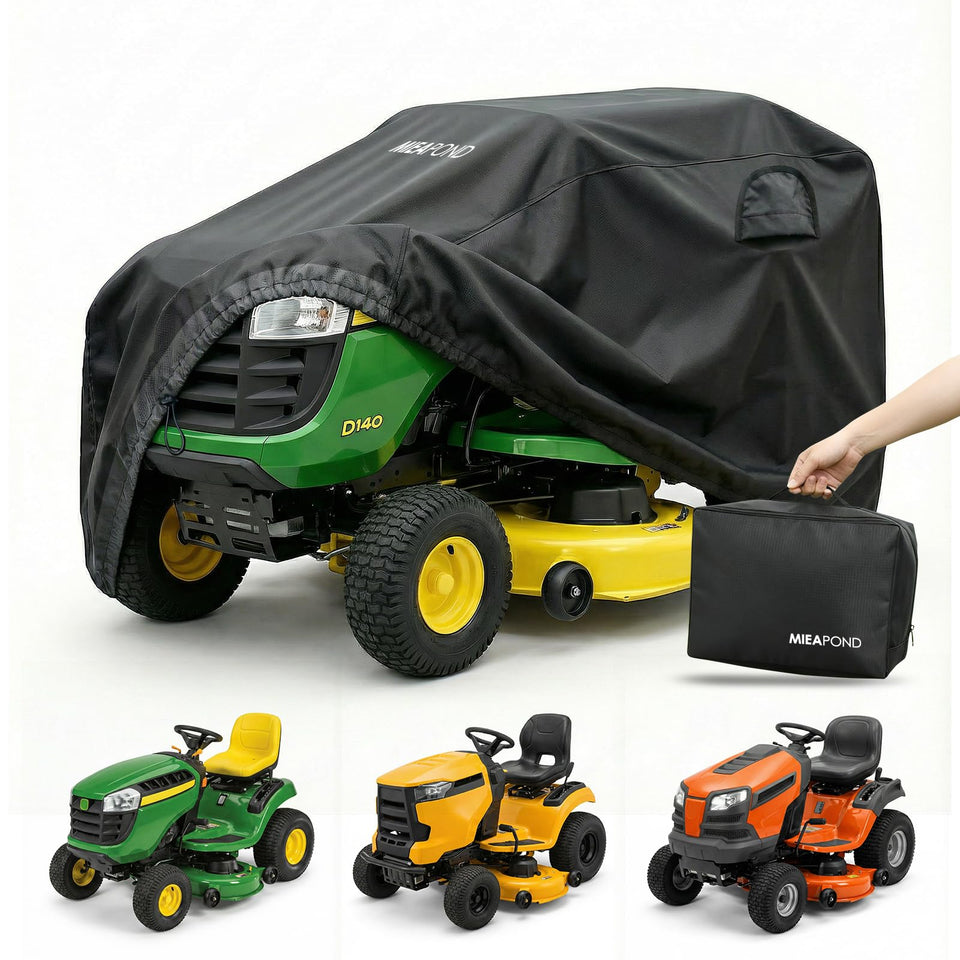 MIEAPOND riding lawn mower cover front view protects John Deere 100-X300 Series from sun and rain.