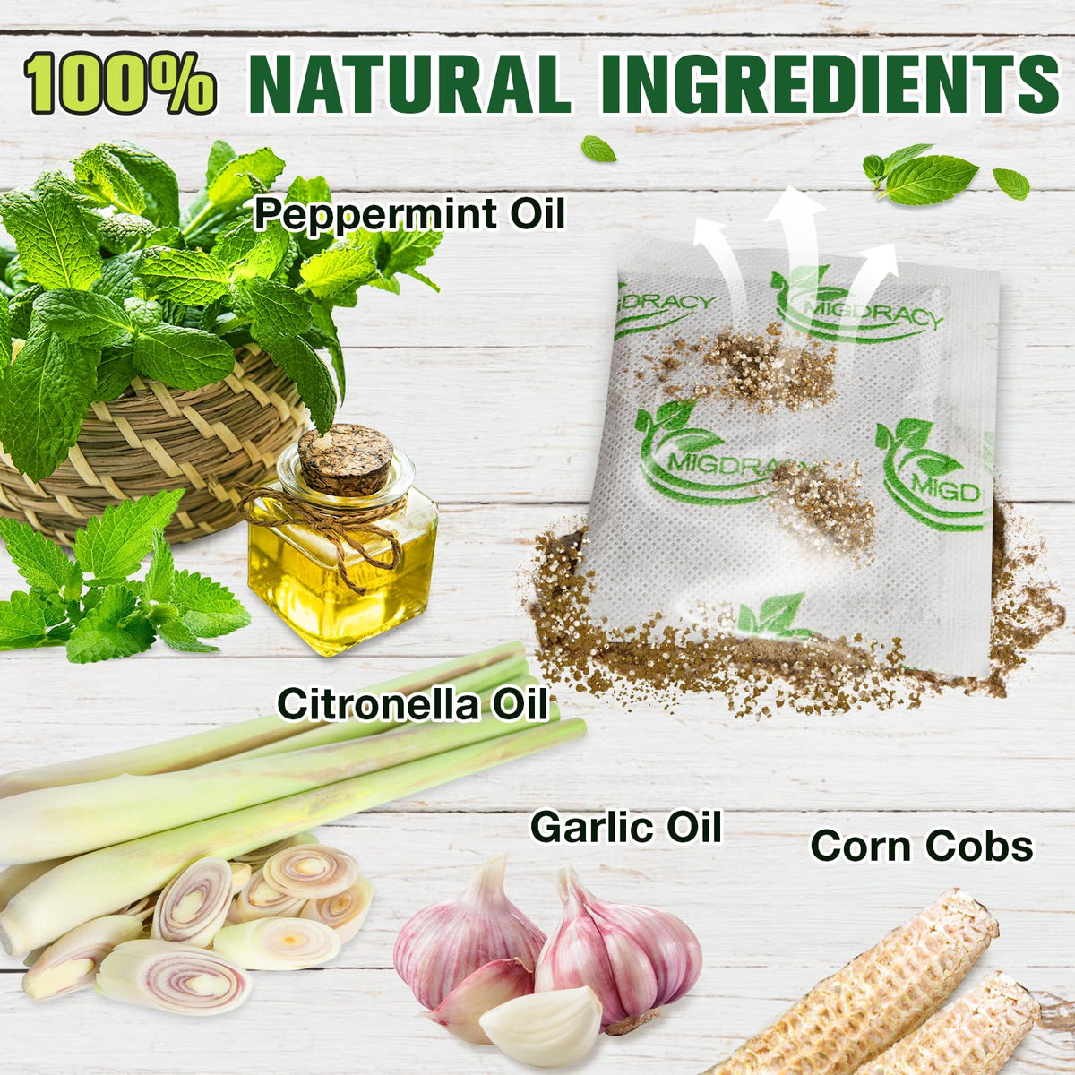 Citronella scent released from Migdracy pouch repelling mosquitoes.