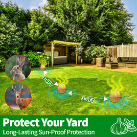 Migdracy repellent balls shown in outdoor setup for yard protection against deer and rabbits.