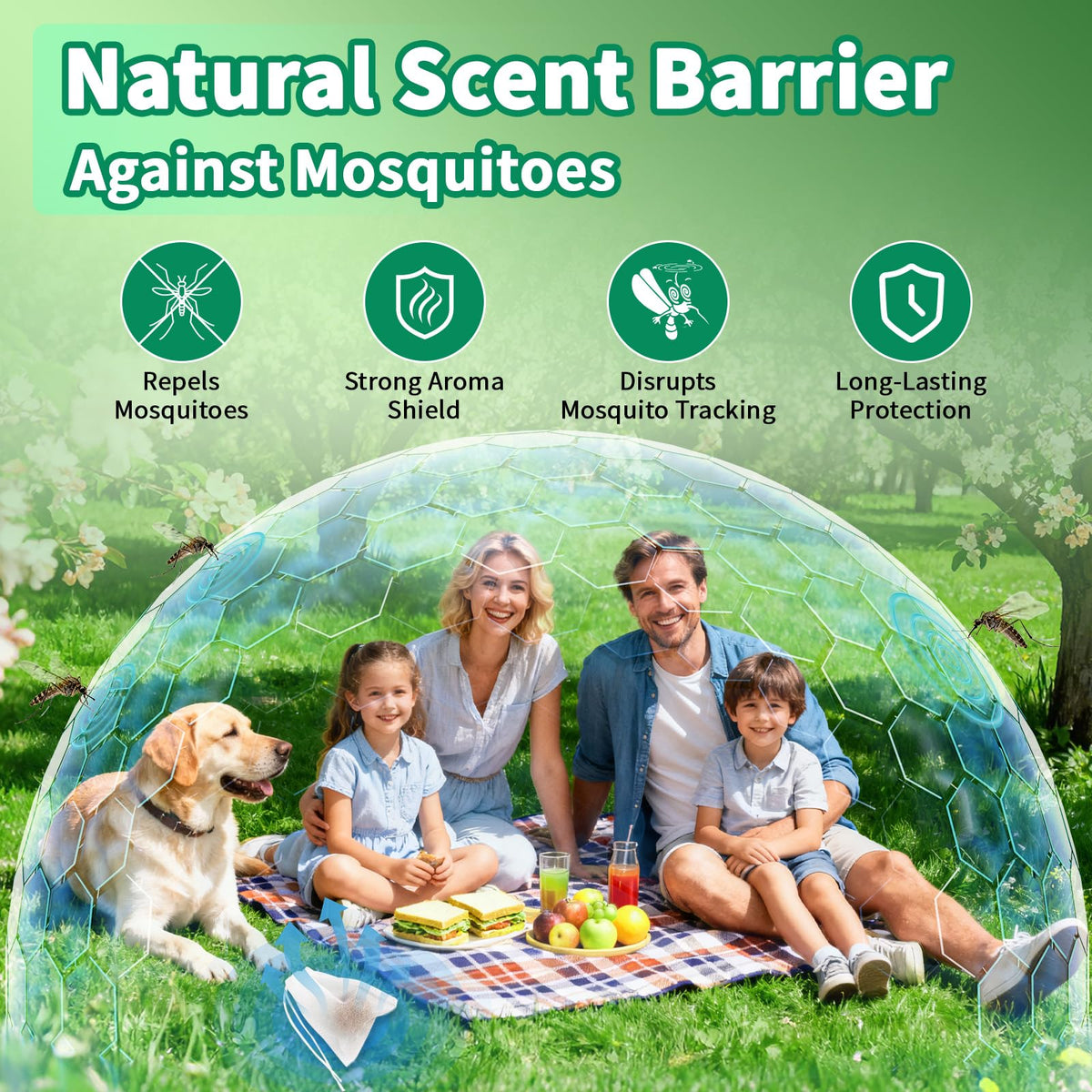 Migdracy sachet placed near garden beds helps reduce mosquitoes in outdoor spaces
