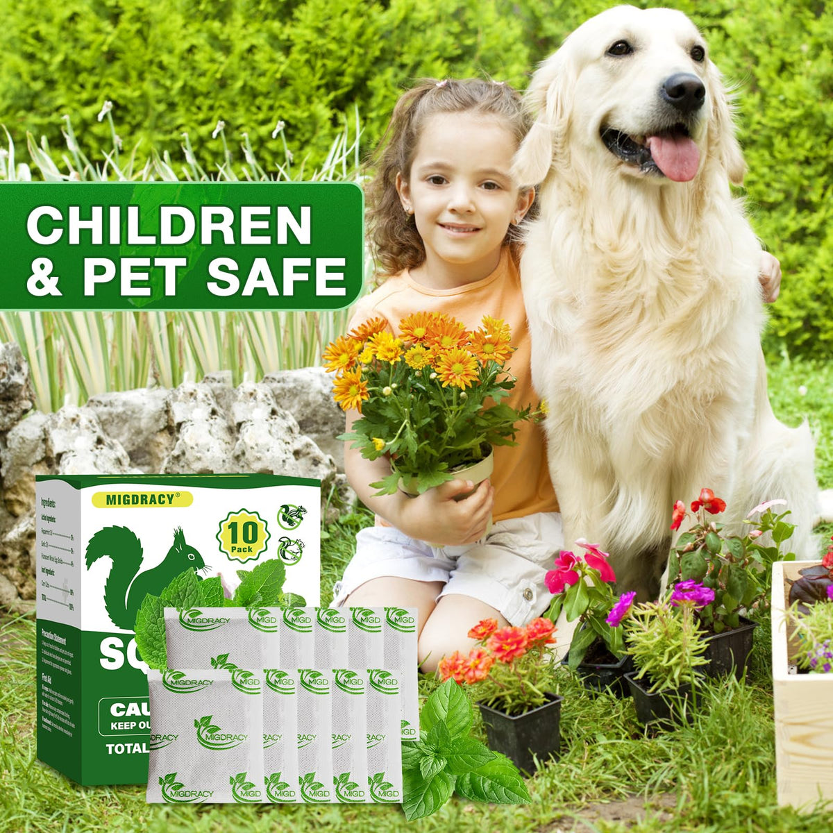 Migdracy Squirrel Repellent Pouch protecting flower beds in an outdoor setting.