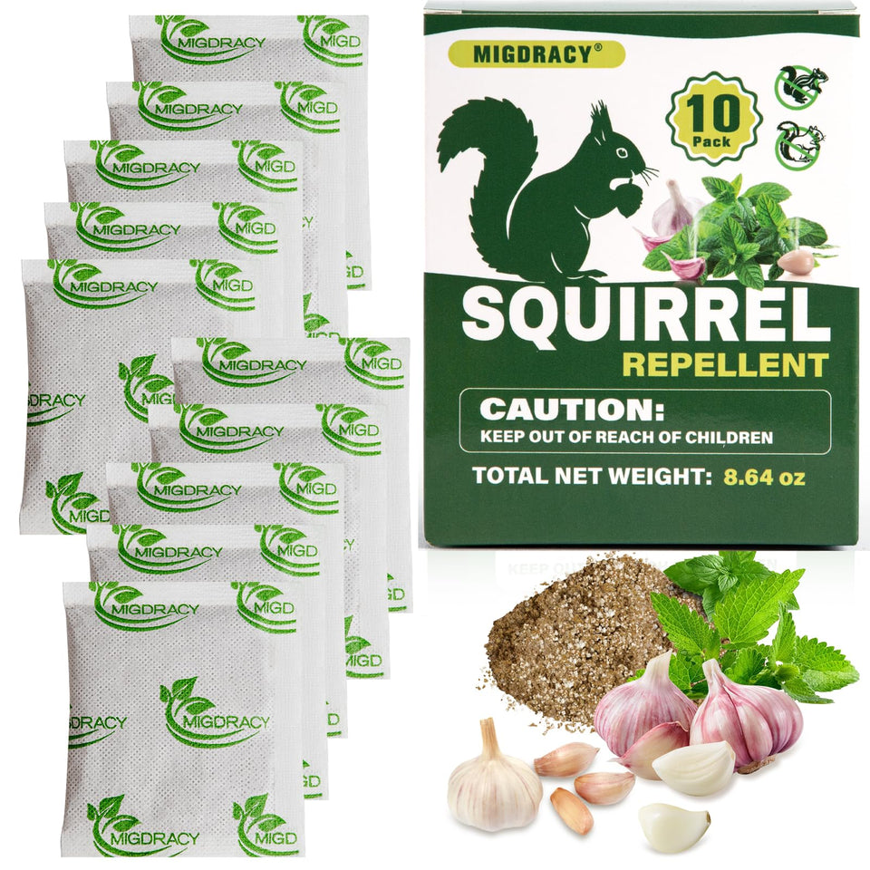 Migdracy Squirrel Repellent Pouch packaging shows peppermint scent to deter squirrels.