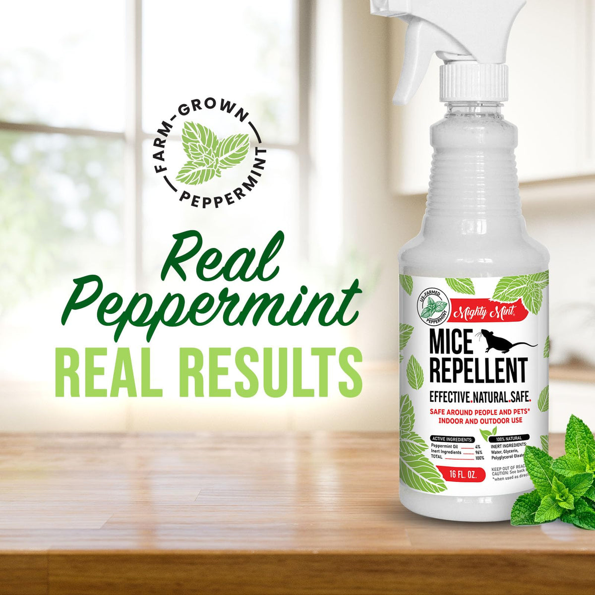 Mighty Mint spray action deters mice along walls with fresh peppermint scent