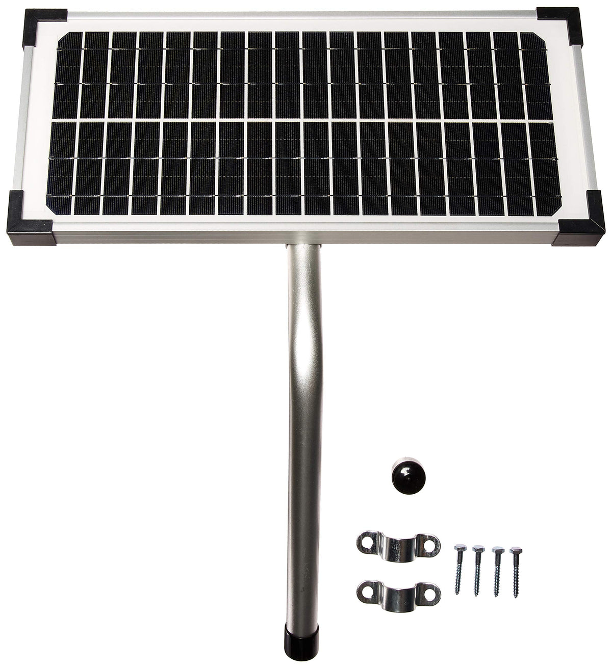 Mighty Mule 10W solar panel kit mounted on a gate post for reliable power.