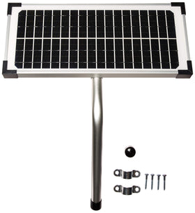 Mighty Mule 10W solar panel kit mounted on a gate post for reliable power.