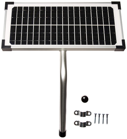Mighty Mule 10W solar panel kit mounted on a gate post for reliable power.