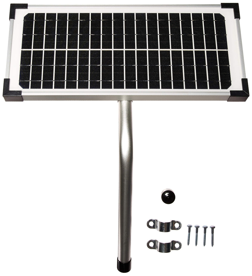 Mighty Mule 10W solar panel kit mounted on a gate post for reliable power.