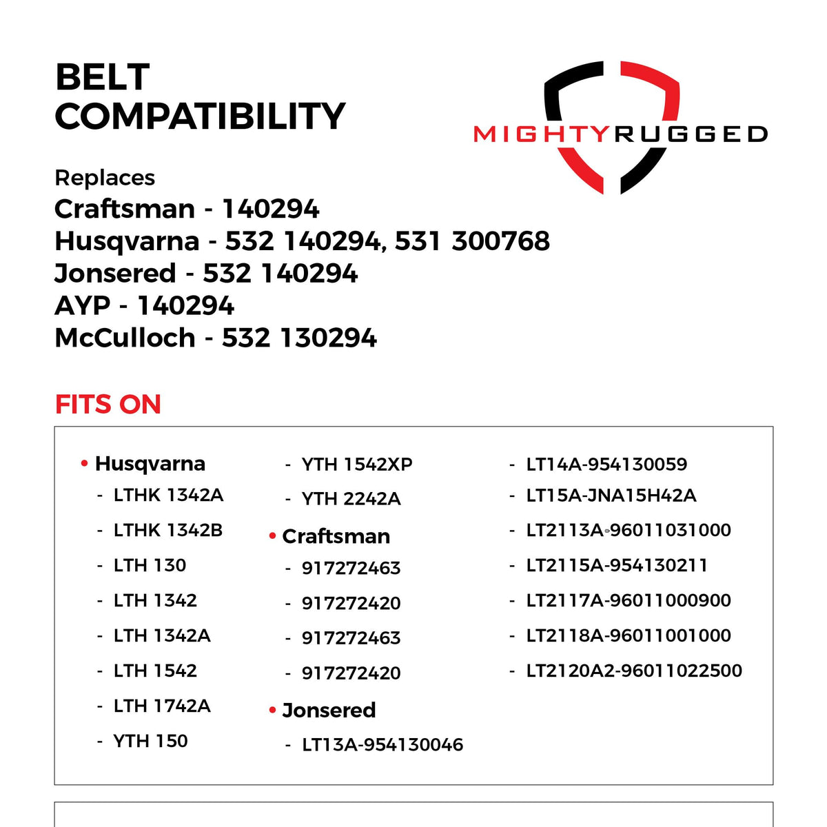 MightyRugged belt compatibility with Craftsman and Husqvarna models supports easy replacement.