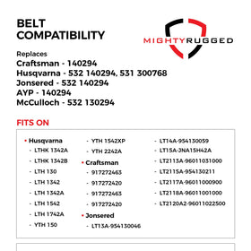 MightyRugged belt compatibility with Craftsman and Husqvarna models supports easy replacement.