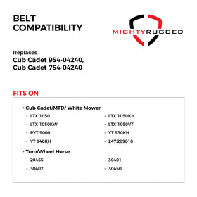 MightyRugged deck belt fits Cub Cadet LTX1050 and related models across brands.