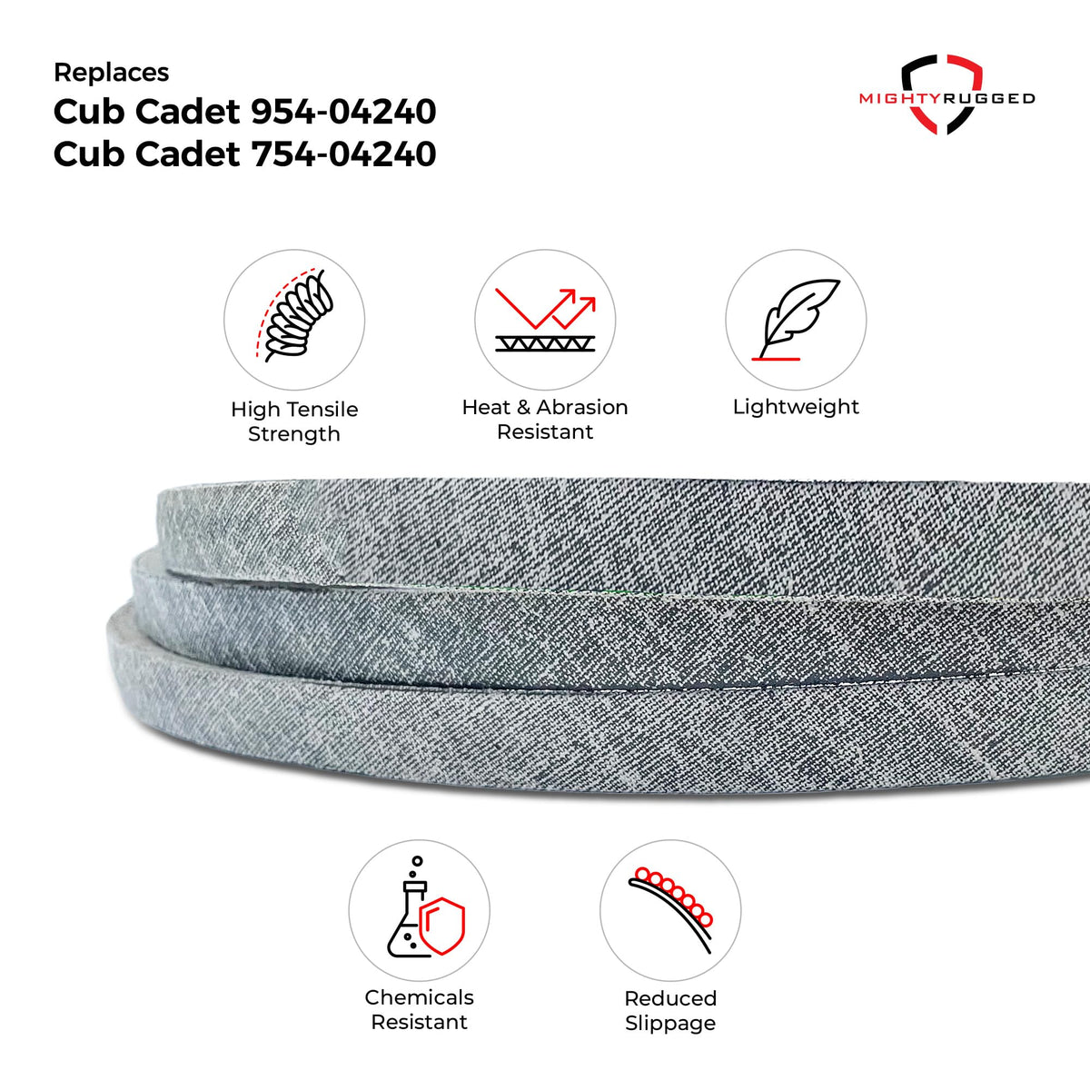 MightyRugged belt resists heat, oil, and abrasion to extend belt life.