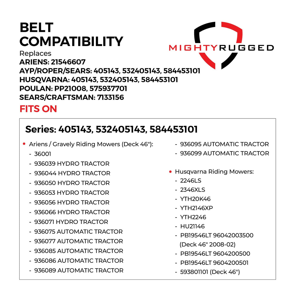 MightyRugged 21546607 packaging highlights OEM compatibility with Ariens/AYP systems.