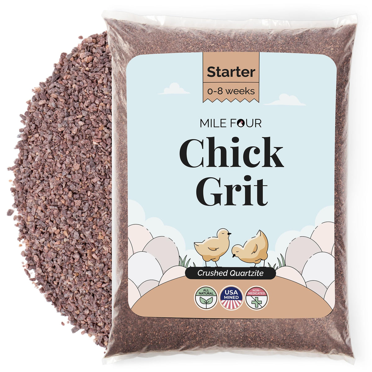 Mile Four Chick Grit Starter 50lb bag for 0-8 week chicks supports digestion.