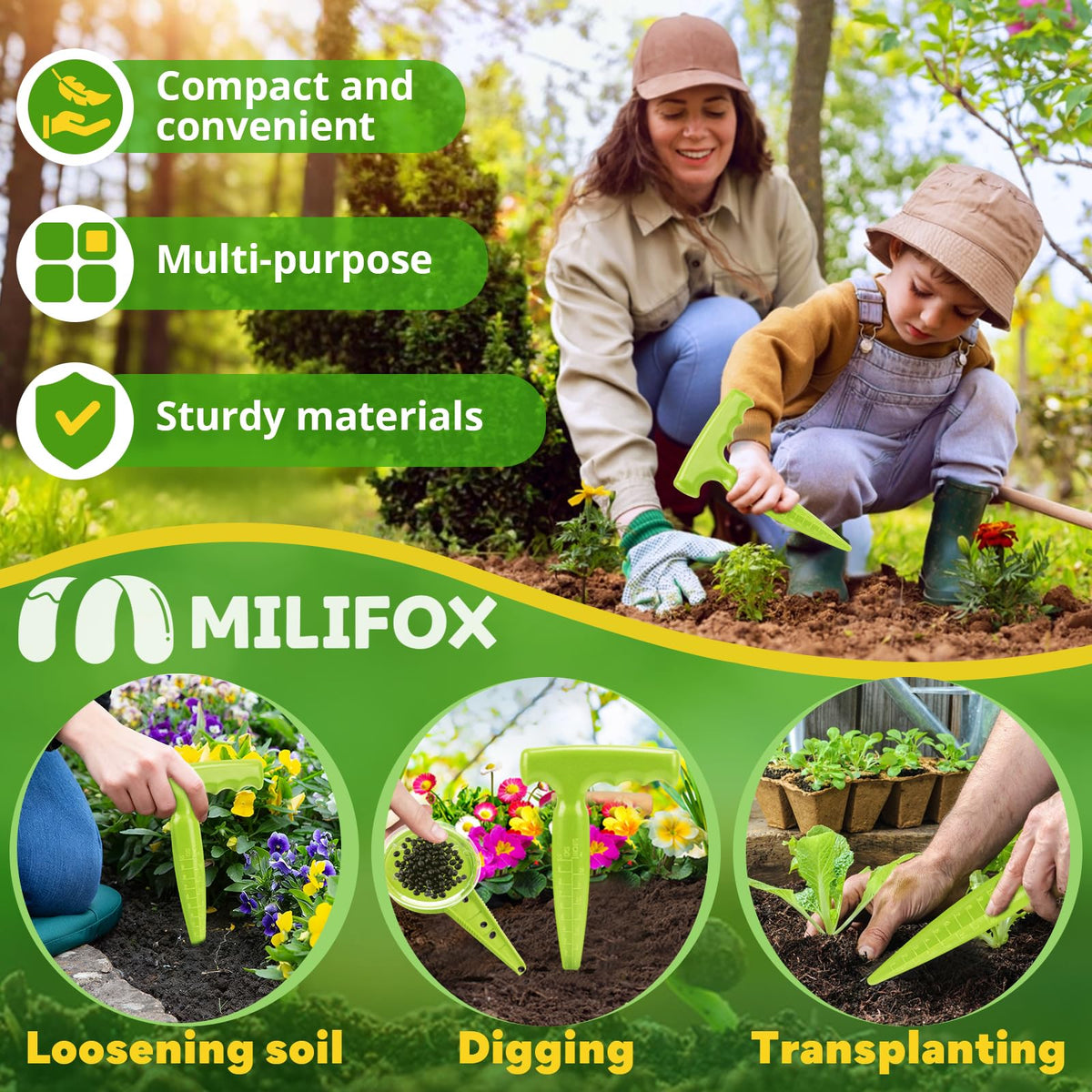 Milifox seed planter tool digging into soil to form uniform holes