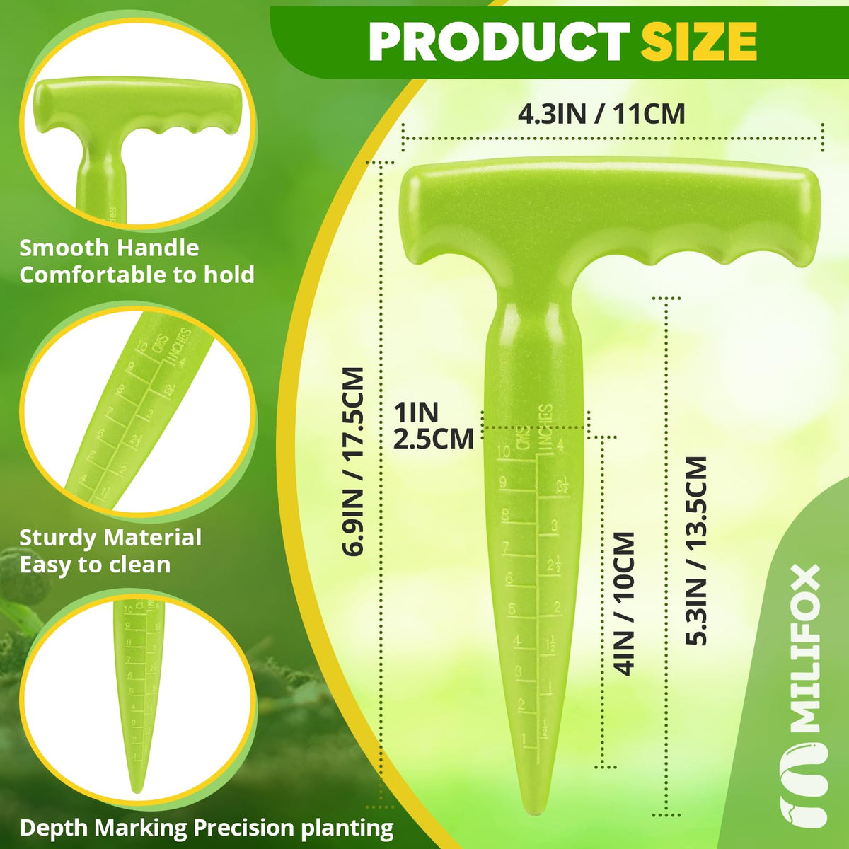 Milifox seed planter tool measuring scale for precise depth guidance