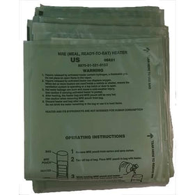 Military Surplus FRH heater in use with an MRE meal, showcasing instant warmth.