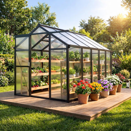 MilleLoom 6x8ft greenhouse exterior with durable black aluminum frame and polycarbonate panels for all-season gardening.
