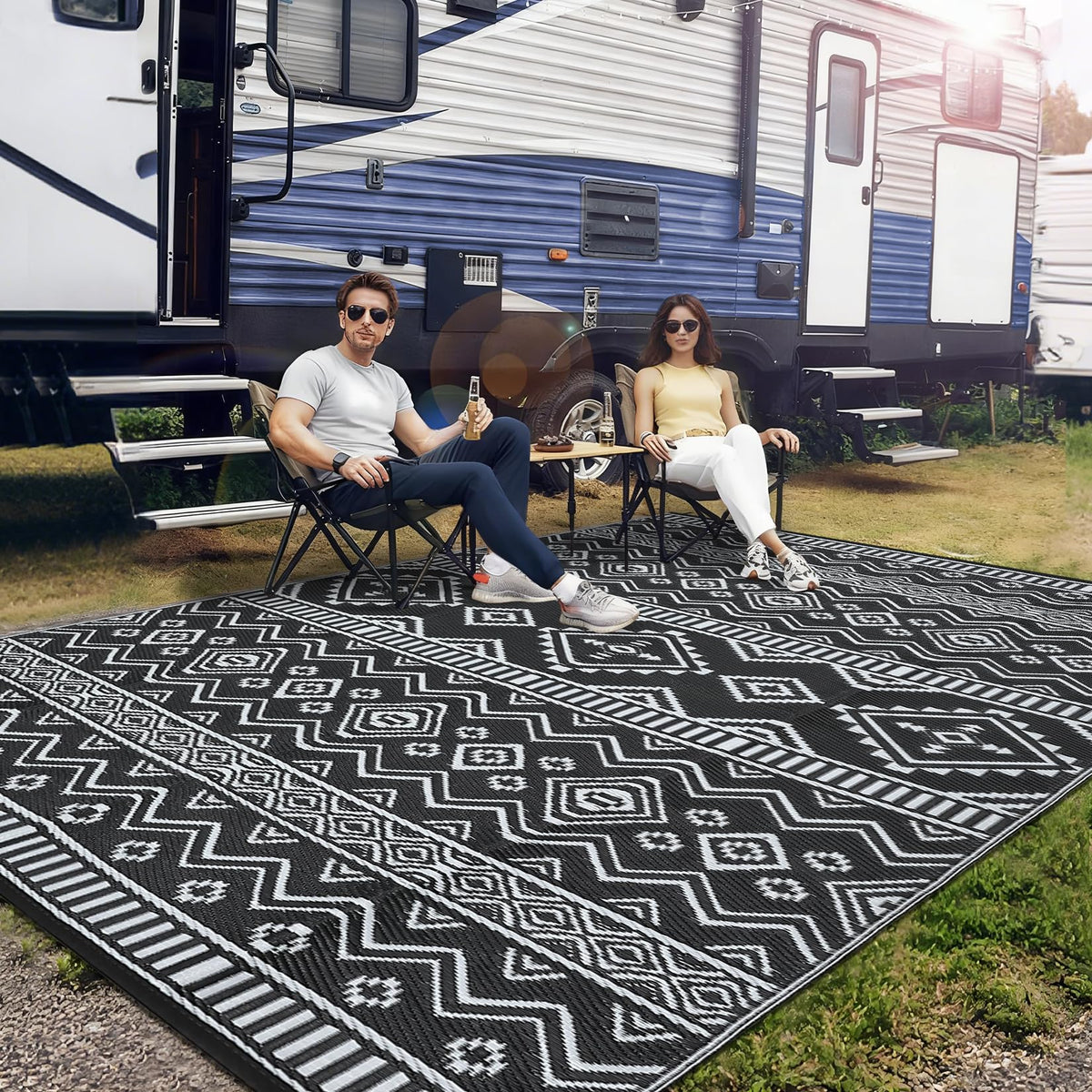 MilleLoom Boho rug closeup shows durable waterproof weave for outdoor use.