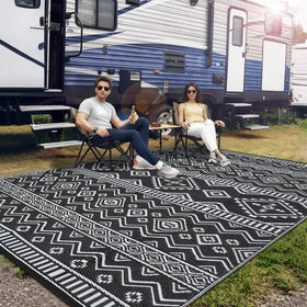 MilleLoom Boho rug closeup shows durable waterproof weave for outdoor use.