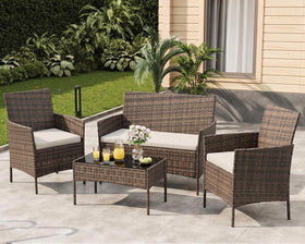 MilleLoom four-piece outdoor set armchairs side view shows compact seating for small patios